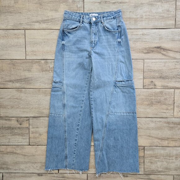 Zara Denim - Zara Wide Leg Cargo Jeans Women Light Wash Boho Raw Hem High Rise 4